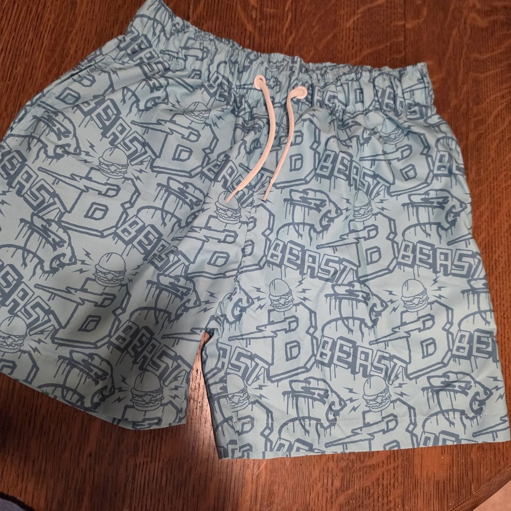 Mr. Beast "Graffiti Beast" Mens Small Swim Trunks Teal Blue Drawstring Shorts